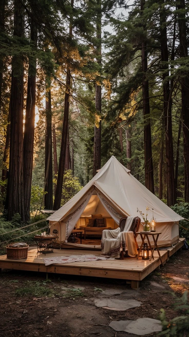 Tenda de glamping montada entre árvores.