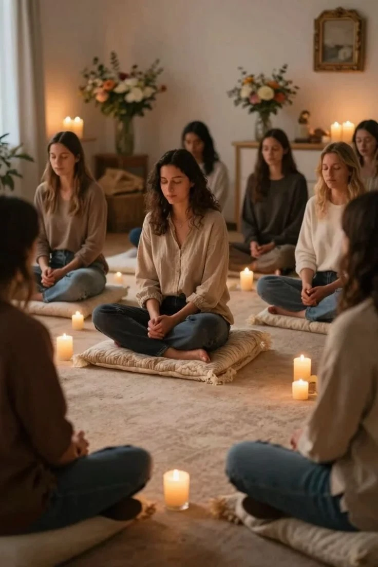 Grupo em meditação sentado no chão da Sala Gaia.