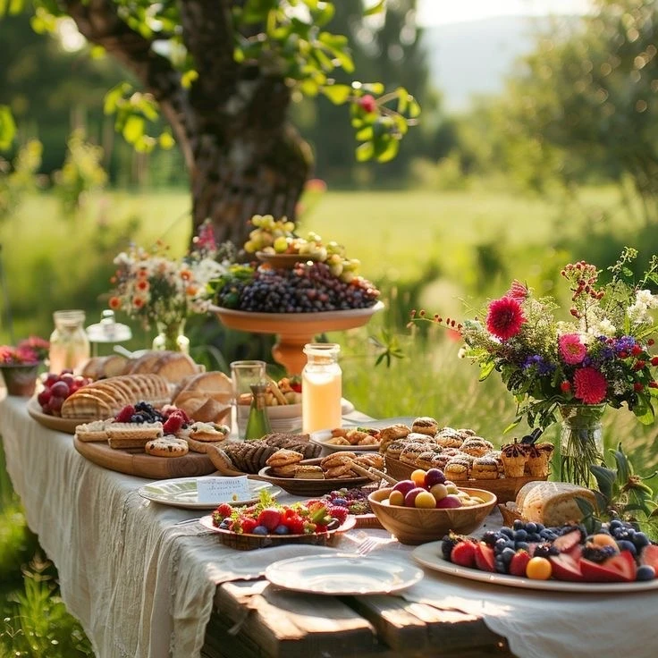 Mesa ao ar livre posta com comida, flores e luz natural.